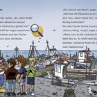 Text: "Im Hafen. Der Fischer lachte... Welches Fischerboot gehört mir?" Illustration: Fischer und Kinder am Hafen. Boote im Wasser.
