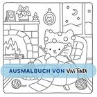 Text: "AUSMALBUCH VON ViviTinta". Illustration: Ein Katze mit Mütze strickt in einem gemütlichen Raum am Kamin.