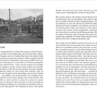 Textauszug: Es wird ein Erlebnis vom 4. April 2023 beschrieben, in dem ein zerstörter Schuppen und Verwundete durch Beschuss thematisiert werden. Eine Schwarz-Weiß-Fotografie zeigt eine zerstörte Häuserreihe mit Trümmern.