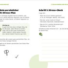 Text: Stress kann mich mal! Dein persönlicher Anti-Stress-Plan. Schritt 1: Stress-Check. Icons: Glühbirne und Notizblock.
