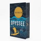 Text: "Homer", "Odyssee", "Insel". Buchcover mit einem Schiff auf Wellen und einem goldenen Kreis.