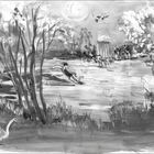 Illustration einer belebten Parkszene. Menschen entspannen, schwimmen und genießen die Natur an einem sonnigen Tag.