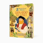 "5 Minute Genius Stories: Leonardo da Vinci. Zehn Geschichten über einen Alleskönner der Renaissance." Illustration von Leonardo mit Notizbuch.