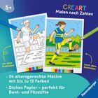 "24 altersgerechte Motive mit bis zu 12 Farben. Dickes Papier – perfekt für Bunt- und Filzstifte." Zwei Malvorlagen zeigen eine fußballspielende Person, einmal schwarz-weiß, einmal ausgemalt in Blau und Gelb.