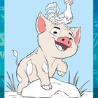 Ein Schwein mit Huhn auf dem Kopf; umgeben von nummerierten Feldern; darunter eine Farblegende.