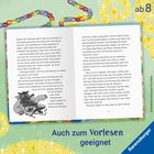 Text: "ab 8", "Auch zum Vorlesen geeignet", "Illustrationen © Hannah McCaffrey", "Ravensburger." Eine Buchseite mit einer Illustration eines Lesers auf einem angrenzenden Blatt.