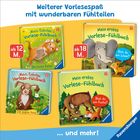 "Weiterer Vorlesespaß mit wunderbaren Fühlteilen" zeigt vier bunte Kinderbücher mit Tieren. "ab 12 M." und "ab 18 M."