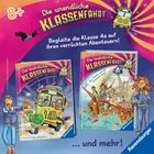 Die unendliche Klassenfahrt. Begleite die Klasse 4a auf ihren verrückten Abenteuern! Zwei bunte Buchcover mit Bus und Piratenschiff.