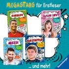 "Megastars für Erstleser" zeigt vier bunte Buchcover mit Comic-Designs von Ronaldo, Taylor Swift, Messi und Verstappen.