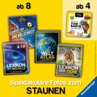 Ab 8 und ab 4. Buchtitel: Jenseits der Unendlichkeit, Weltatlas, Lexikon des Weltalls, Lexikon der Tiere.