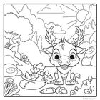 Ein fröhliches Rentier sitzt vor einer Kulisse aus Bergen und einem strahlenden Sonnenschein, umgeben von Karotten.