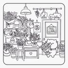 Der Text "Cozy Blooms" steht auf einem Türschild. Illustration eines Blumenladens mit Tierfiguren und Pflanzenarrangements.