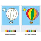 "vor dem Ausmalen" zeigt einen weißen Heißluftballon, "nach dem Ausmalen" zeigt den Ballon bunt. Beide mit Sonne und Crayons.