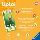 Logo "tiptoi", Text: "Spiel dich schlau". Anweisungen für interaktive Fragen und Antworten mit Symbolen, Bild einer Spinne.