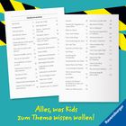 Text: "Inhaltsverzeichnis", "Alles, was Kids zum Thema wissen wollen!"
Logo: Ravensburger. 
Design: Bunte Streifen und ein offenes Heft in der Mitte.