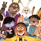 Illustration von fröhlichen, stilisierten Hasen in moderner Kleidung. Einer trägt ein Medaillon, ein anderer zeigt ein Peace-Zeichen.