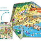 „Beim Aufklappen entfaltet sich eine große Panoramaseite.“ Ein buntes, lustiges Wimmelbild zeigt viele Tiere am Strand.