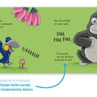 Texte: "Das ist Pepe, er ist gerade aufgewacht und gähnt!", "UAAAAAA!", "Sein Freund Rille ist schon wach.", "PAM, PAM, PAM", "Er trommelt sich auf die Brust. Trommelst du mit?", "Interaktiver Vorlesespaß: Auf jeder Seite wartet eine kinderleichte Aktion". Illustration: Ein fröhlicher blauer Vogel, eine kleine orange Raupe und ein trommelnder Gorilla auf grünem Hintergrund.