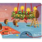 Ein Text beschreibt Igelfamilie, die Weihnachten vorbereitet. Kinder dekorieren mit Freude einen Adventskranz.