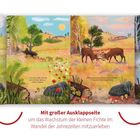 Der Text beschreibt das Wachstum einer kleinen Fichte. Illustrationen zeigen Hasen, Wildschweine, Hirsche und Bären im Wald.
