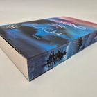 „BEYOND HIS REACH“, „ROMAN“, blaues Buchcover, Landschaft mit Bäumen. Buch liegt schräg auf weißem Hintergrund.