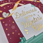 Es steht "Delivered with a Winter's Kiss" in goldener Schrift. Ein weihnachtliches Design mit Herzplätzchen und Schneeflocken.