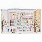 Texte beschreiben Schnee und winterliche Aktivitäten von Kindern. Illustration zeigt mehrere Wohnungen in einem verschneiten Haus.