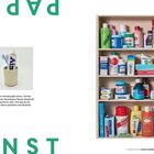 Text: "Papier Kunst. Durch ein Schulprojekt seiner Tochter entdeckte der Amerikaner Bernie Kaminski Pappmaché für sich."

Links oben „PAPIER“ in Grün, unten „KUNST“. Ein Zahnputzbecher, ein Regal mit Pappmaché-Artikeln.