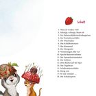 "Inhalt" gefolgt von 18 Titeln und Seitenzahlen. Zwei Tiere mit Schnecken- und Pilzhüten stehen fröhlich nebeneinander.