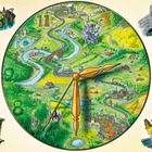 Eine bunte Uhr zeigt eine fantasievolle Landschaft mit Fluss, Burg und Dorf. Außen sind fünf märchenhafte Wesen zu sehen.