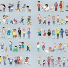 Die Illustration zeigt viele Kinder in verschiedenen Aktivitäten, wie Sport treiben, lesen oder spielen, verteilt über mehrere Reihen.