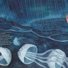 Text über die Flut und Noahs Arche oben rechts: Ein rotbraunes Boot auf tosendem Wasser, Regen fällt stark. Darunter Quallen.