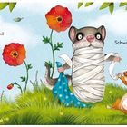 Ein Igel, ein Eichhörnchen und ein Vogel helfen einem verbundenen Tier. Farbenfrohe Blumen und Gräser umgeben sie.