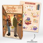 Cover: "Literally in Love" von Teresa Sporrer. Illustration: Zwei Personen in einer Bibliothek. Beilage: Sticker mit Herbstmotiven.