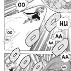 Texte: "HU", "OO", "OH!", "AA", "AH!". Manga-Stil, eine kämpfende Frau mit Schwert und ein bedrohlicher Drache.