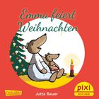 "Emma feiert Weihnachten" von Jutta Bauer. Illustration: Zwei Bären vor einem Weihnachtsbaum mit Kerze sitzen.