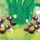 Text: „Bei Ameisen gibt es Gedränge, sie gehen stets nur in der Menge.“ Illustration: Ameisen mit Toilettenpapier im Gras.