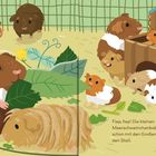 Fiep, fiep! Kleine Meerschweinchen flitzen im Stall. Illustration von Meerschweinchen mit Blättern und Häuschen.