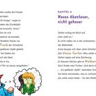 Seite mit Texten über Stefan und einen Trank. Illustration: Roter Junge zeigt auf grüne Person in pixeligem Stil.