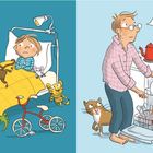 Links Kind im Bett, umgeben von Spielzeug. Rechts Mann an der Spülmaschine fragt "Juli?" Eine Katze ist dabei.