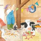 Der Text beschreibt eine bunte Feier im Festsaal mit einer Hühner-Band. Tiere wie Schwein, Kuh und Pferd sind fröhlich dabei.