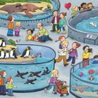 Diese Tiere lieben das Wasser! Illustration mit Pinguinen, Eisbären, Walross und Seehunden; Menschen im Zoo.