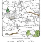 "Wie viele Hasen zählst du?" Ein Wald mit Pflanzen, einem Baumstumpf, Hasen, einer Kuh und einem fliegenden Vogel.