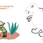 „Mein Lieblingswunsch“, erzählt Tino, „ist ein riesengroßer D...“ Ein Kind in Safari-Kleidung sieht einen Fußabdruck an. Ein Dinosaurier ist gestrichelt angedeutet.