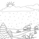 Text: Male das Bild bunt aus. Szenen: Winterlandschaft mit Tannen, Hütten, Schlitten, Kind und Vogel auf einem Baum.