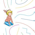 Text: "Kreuz und quer!". Eine Illustration zeigt ein lächelndes Mädchen mit kurzen blonden Haaren und rotem Streifenpullover. Sie kniet zwischen bunten, geschwungenen Linien.