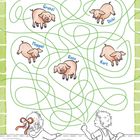 Zuoberst steht "Welche zwei Schweine leben bei Annika auf dem Bauernhof?" Sechs Schweine mit den Namen Grunzi, Dicki, Moppel, Rosa und Kurt sind durch verworrene grüne Linien verbunden. Darunter sind zwei Kinder, die dem Gewirr folgen.