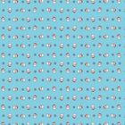 Illustration mit Weihnachtsmann-Gesichtern und blauen Schneeflocken auf hellblauem Hintergrund, in regelmäßigem Muster.