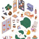 Eine Illustration zeigt Hasen, Kaffeezubehör, herbstliche Dekoration und Kuchen in einer gemütlichen Cafészene.