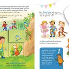 Illustration mit Kindern im Kindergarten: Ausflug, Geburtstagsfeier, Karneval, St.-Martins-Umzug. Fröhliche, bunte Szenen.